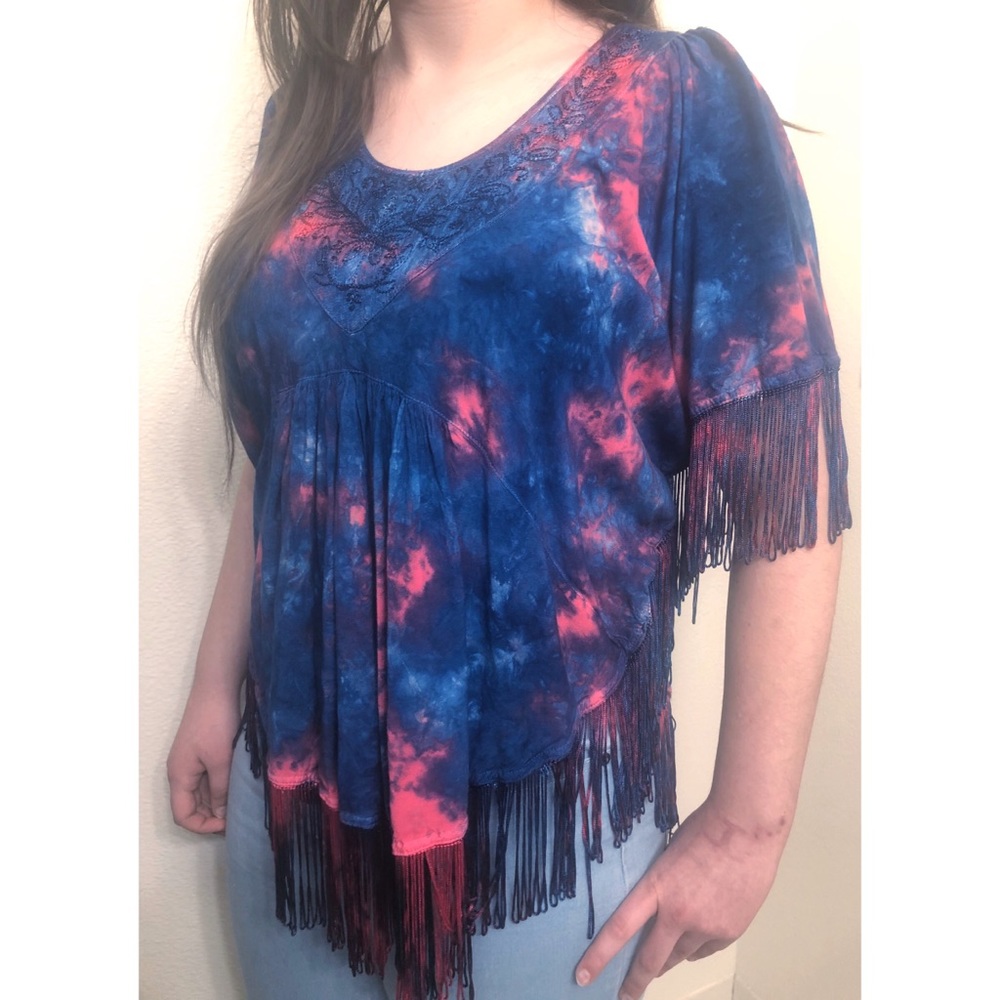 Boho Hippie Bright Tie Dye Poncho Fringe Top